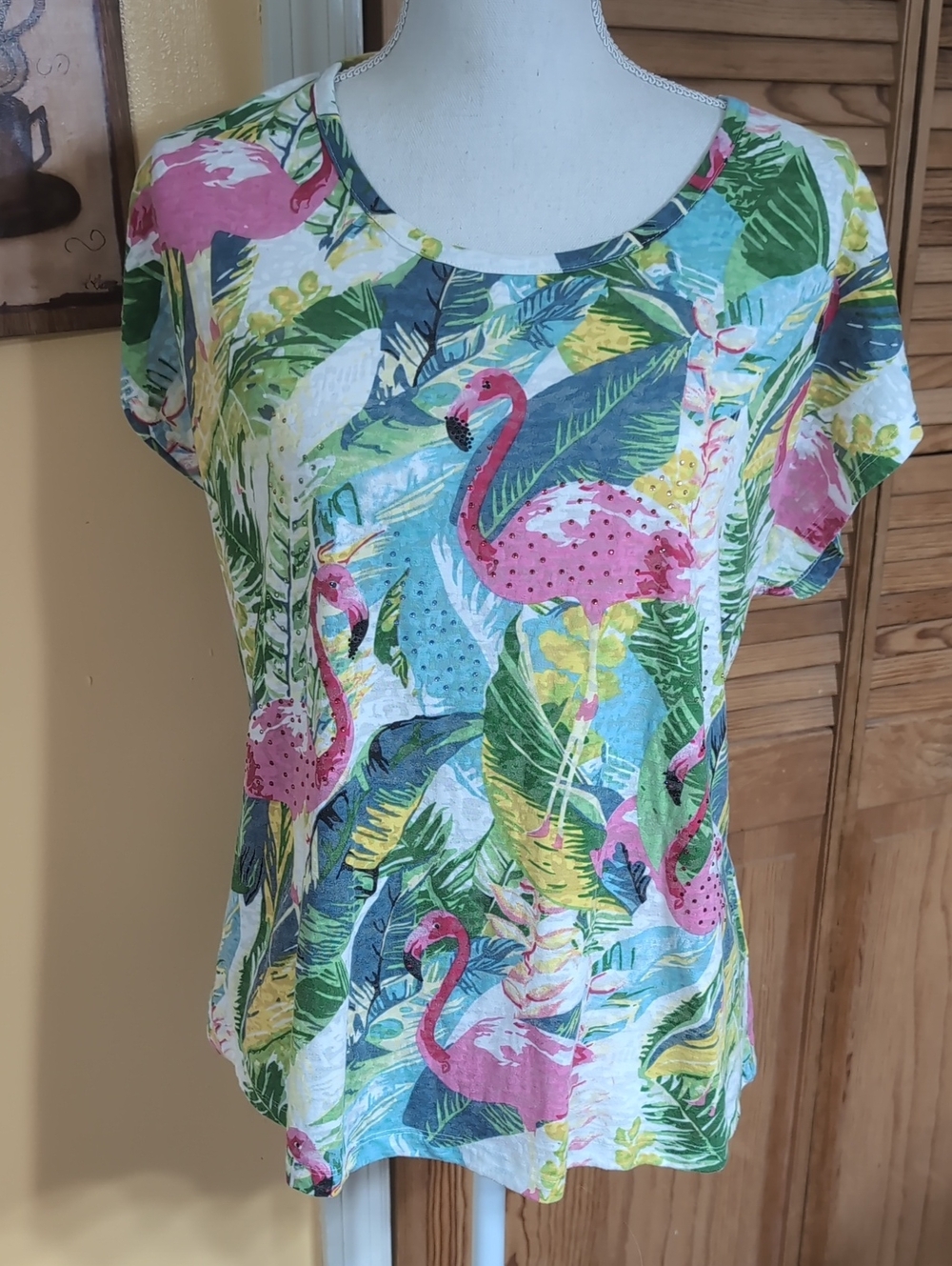 Casey Key Tropical Flamingo Print Short Sleeve Top - Pink/Green Sequins PXL